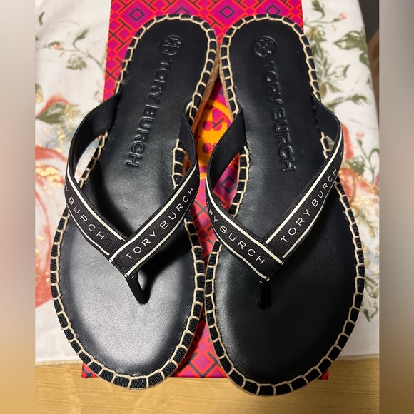 NEW TORY BURCH Tory Ribbon Thong Espadrille Logo Slide Navy - Picture 3 of 6
